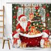 Funny Santa Claus Snowman Christmas Shower Curtain With Red Gold Tree Design, New Year Bathroom Decor For Festive Celebration