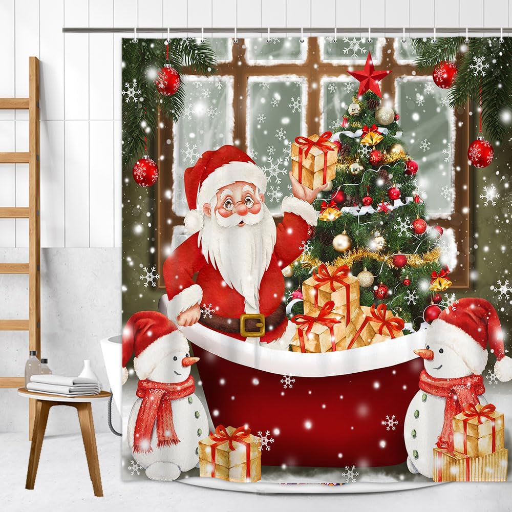 Funny Santa Claus Snowman Christmas Shower Curtain With Red Gold Tree Design, New Year Bathroom Decor For Festive Celebration