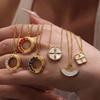 European and American Ins Stainless Steel 18K Gold Necklace Fashion Colored Diamond Round Pendant Light Luxury Four-leaf Clover Collarbone Chain Set