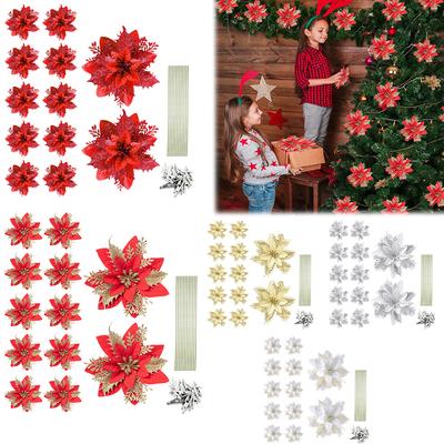 12Pcs Christmas Poinsettia Christmas Tree Flowers Ornaments Decorative DIY Wreath 14cm with Clips for Stairs Window Fireplace