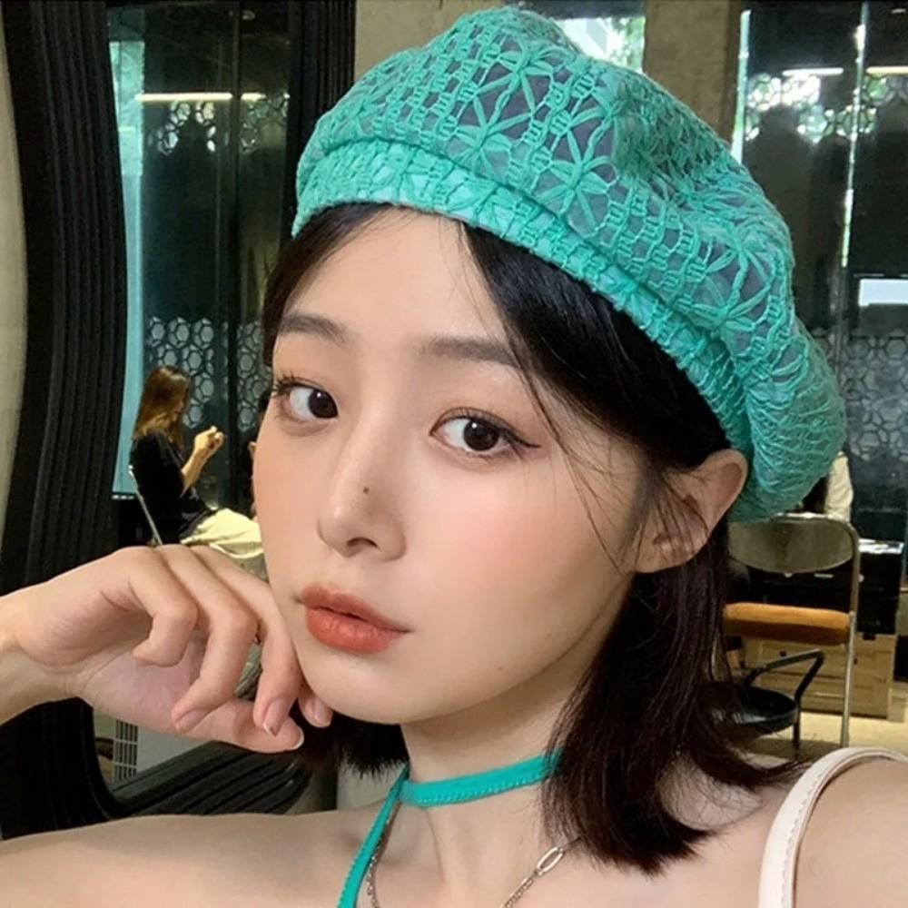 Retro Multi Colored Lace Beret Hat Slouchy Breathable Beanie Cap Summer Cutout Floral Painter Hat For Women