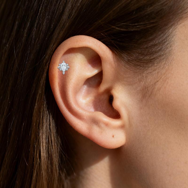 Gaibei G23 Titanium Tragus Piercing with Inner Thread and Water Drop Zirconia 3D Design