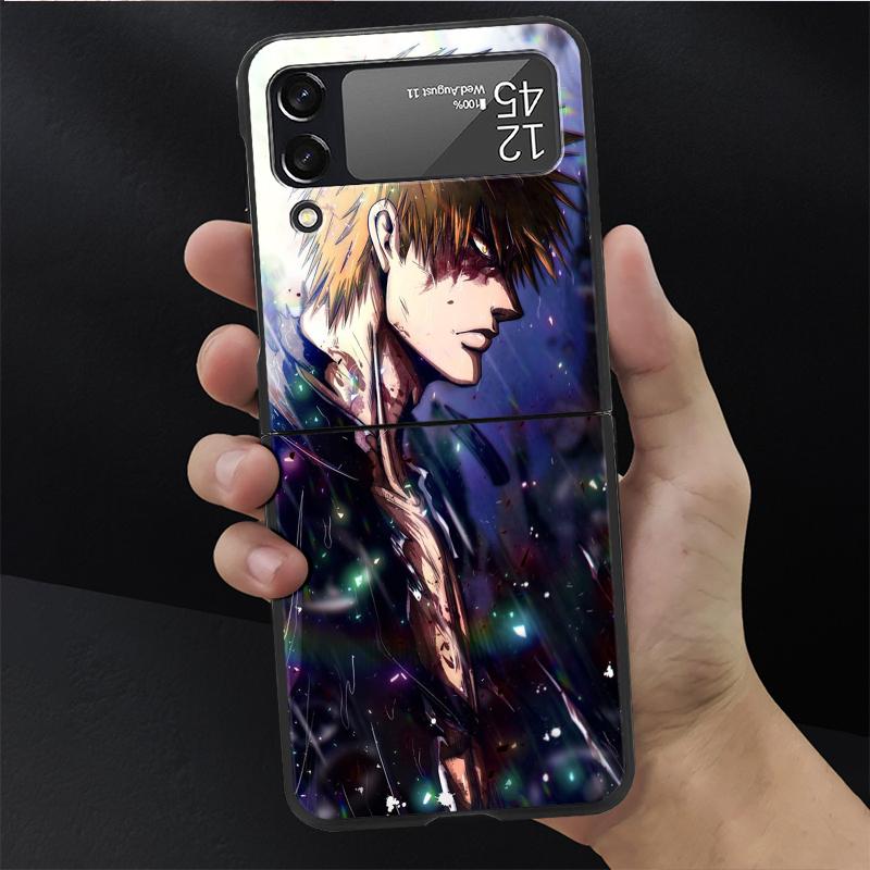 Luxury Case For Samsung Galaxy Z Flip 4 3 5G Black PC Hard Phone Cases Fashion Back Cover ZFlip Funda Kurosaki Ichigo Bleach Sac