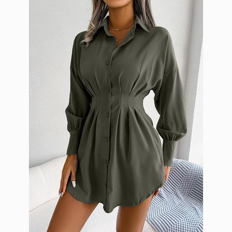 Vestido corto asimétrico liso con manga acampanada informal para mujer, vestido ajustado con cintura para mujer, vestidos de una sola botonadura, ropa femenina 24117