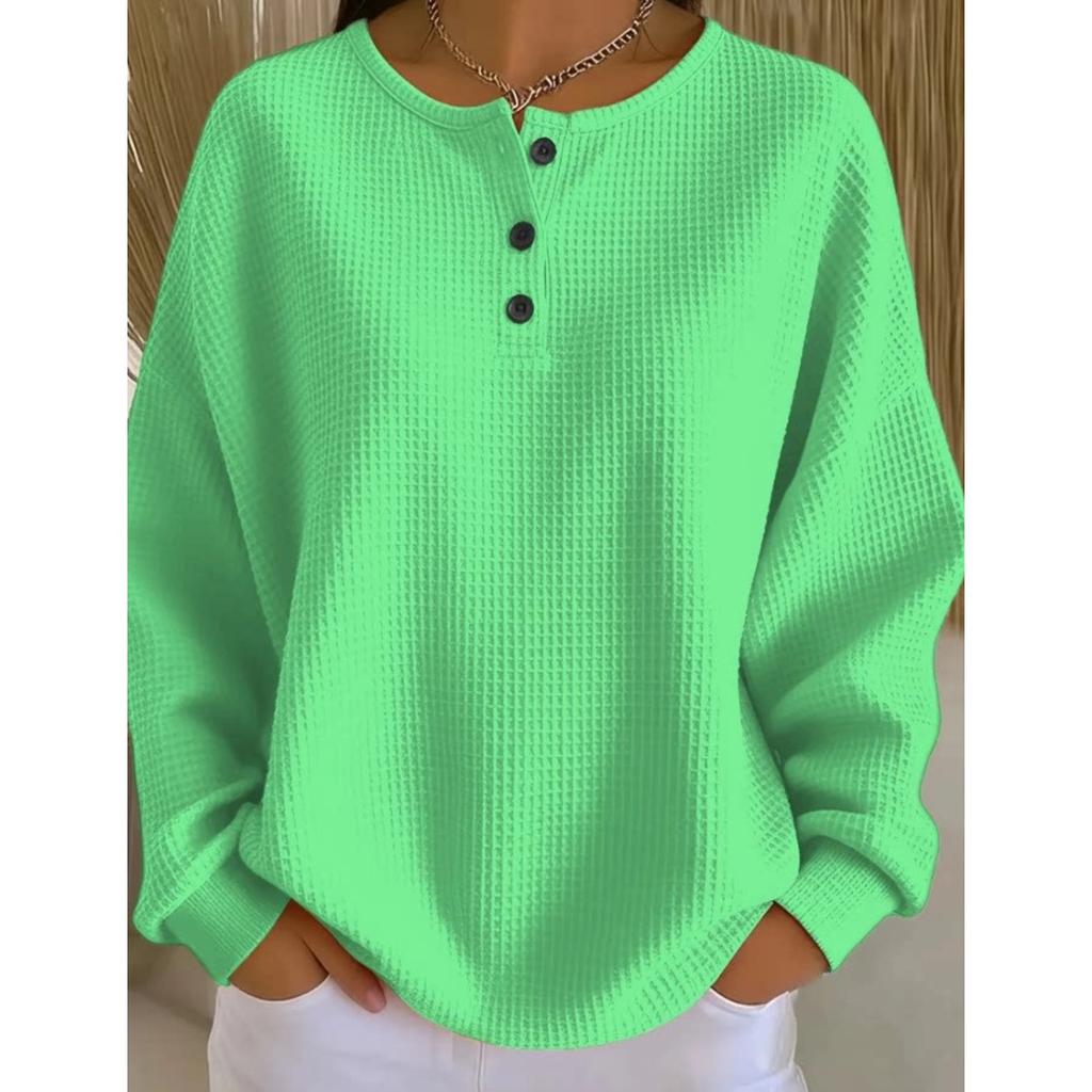 Women's Crew Neck Long Sleeve Waffle Knit Henley Top Loose Fit Casual Sweatshirt