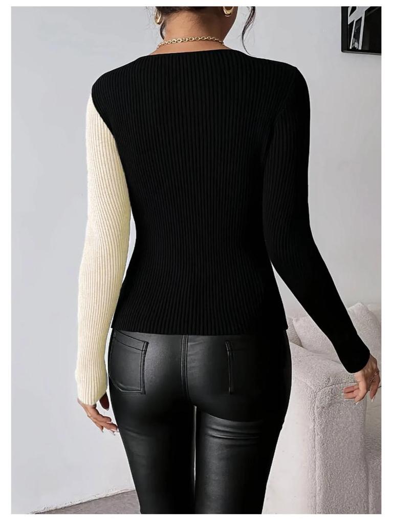 Pull Tricoté Élégant Col V Bloc de Couleurs 2025 - Top Automne/Hiver à Manches Longues pour Femmes