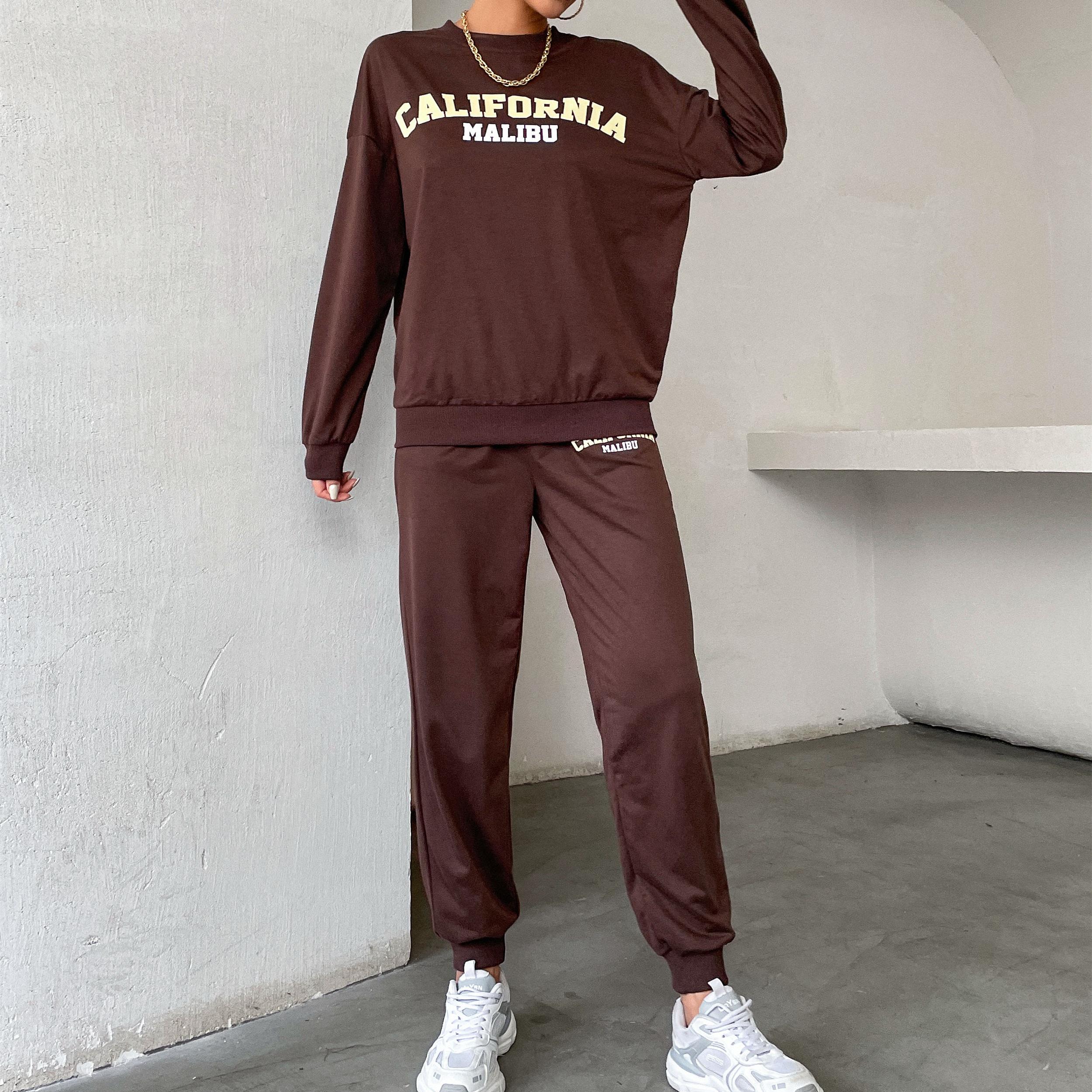 

YYFS женские модные брюки с длинным рукавом и круглым вырезом с буквенным принтом, спортивные костюмы XL кофейный