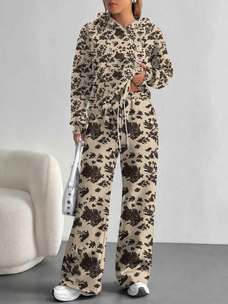 Pink Cherry Print European and American Autumn and Winter Casual Long-sleeved Suit Women's Hooded Sweater Trousers Two-piece Set