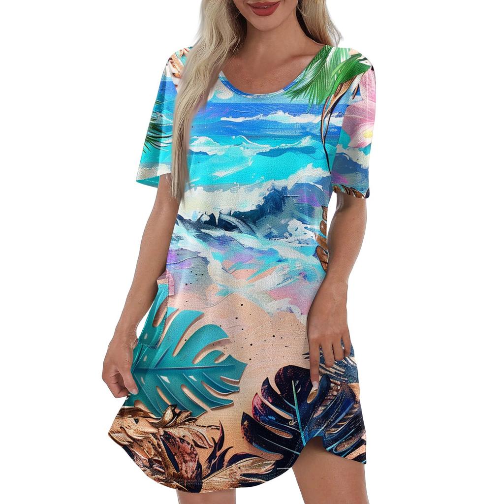 Women's Casual Fashion V-Neck Short Sleeve Hawaiian Print Pocket Dress
