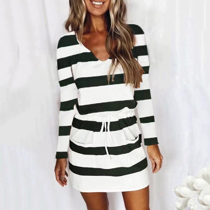 Autumn/winter Women's Printed Striped Pocket Dress