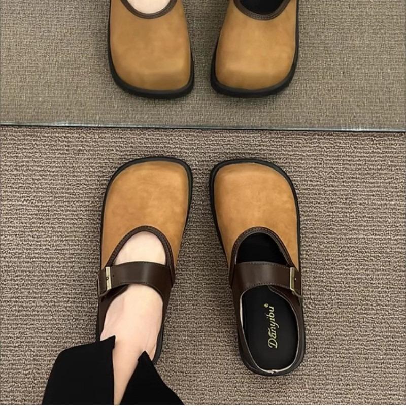 2025 Women Leather Slippers Indoor Slip-on Ladies Mules Shoes Square Toe Beach Slippers With Arch Support Fashion Women Sandals