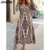 Women's Fashion Spring Fall Flower Pattern Print Long Sleeve U-Neck Loose Waistline Casual Dresses