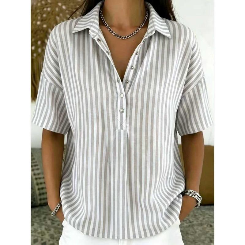 TIFICY Women's Fashion Casual Summer Spring Stripe Print Short Sleeve POLO Neck Blouses & Shirts