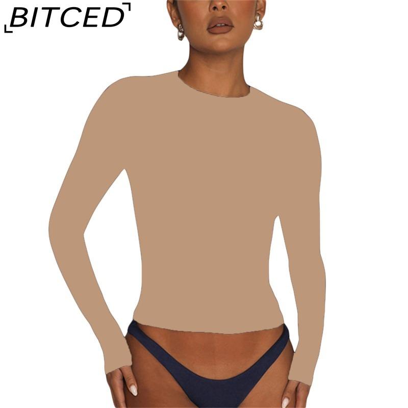 BITCED Women's Spring/Autumn T-Shirt Solid-Colour O-Neck Base Layer Slim-Fit Long-Sleeved Top