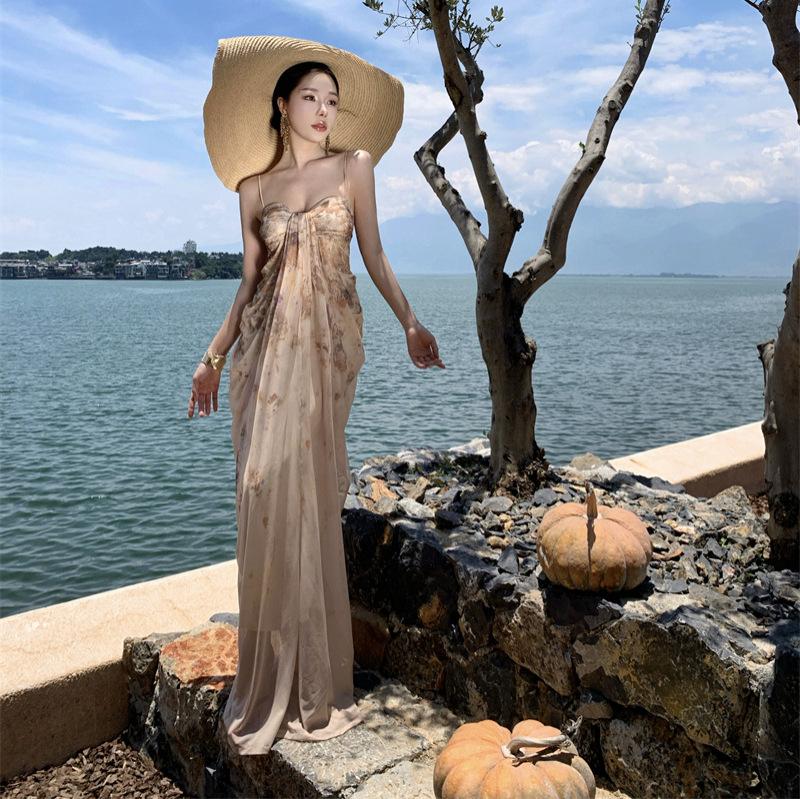 French beautiful tube top suspender dress summer fairy mesh printing temperament thin long seaside vacation dress