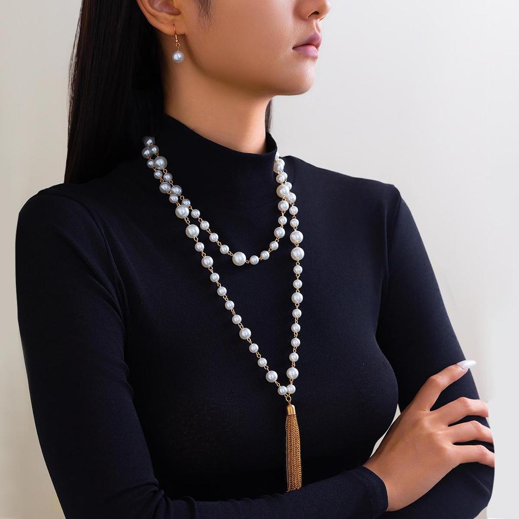European-American Cold Style Pearl Beaded Tassel Necklace Set