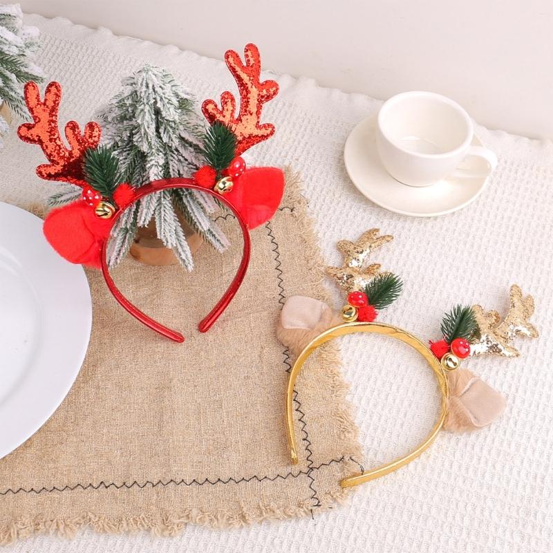 Portable Headgears Ornament Festival Sequined Reindeer Antlers Hair Hoop with Bells for Holiday Parties and Celebration