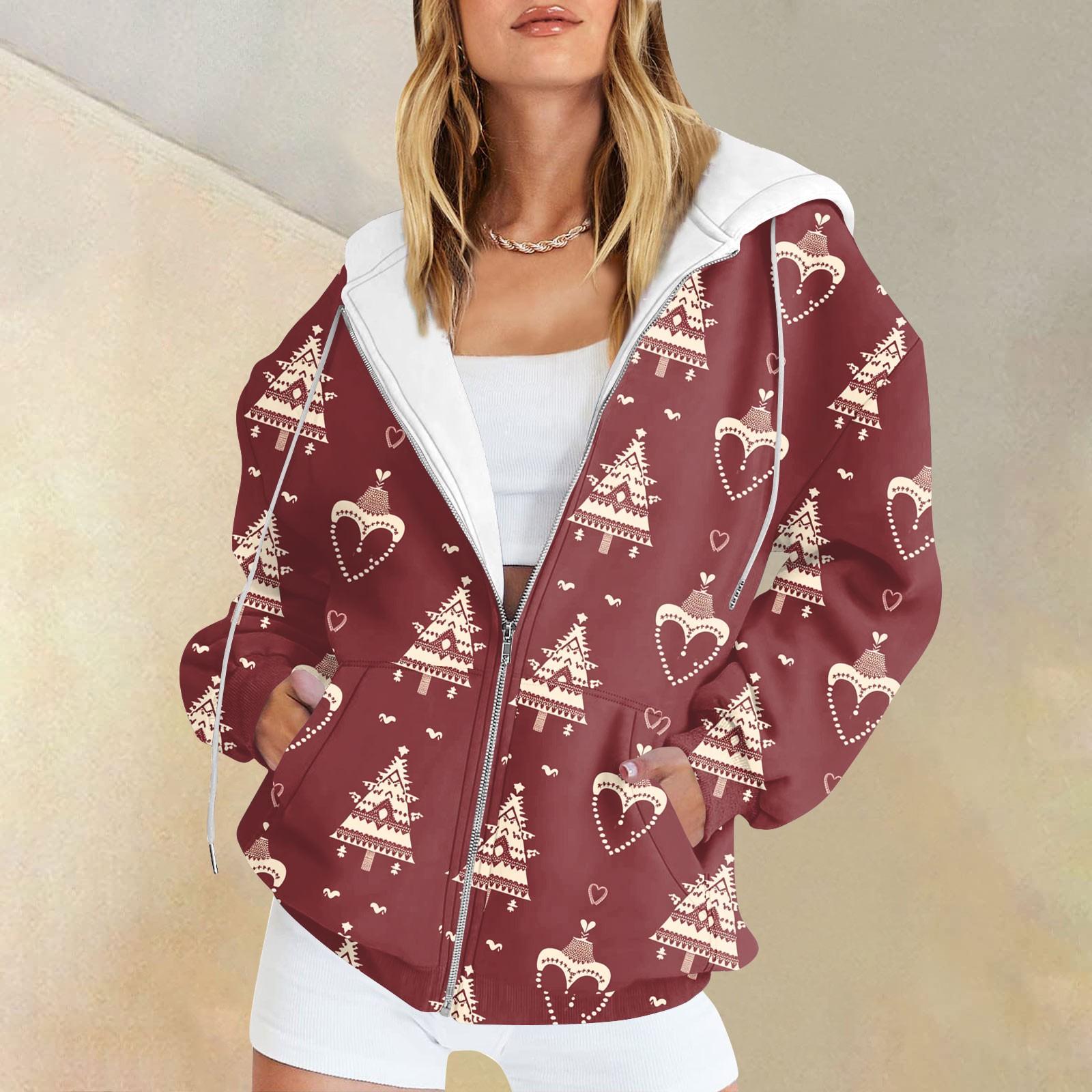 

Женская рождественская печатная толстовка, зимняя куртка-кардиган с длинными рукавами и карманами, на молнии, толстовка с капюшоном, верхняя одежда XXL