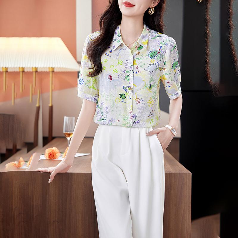 

Модная принтованная блузка из двойного крепа из шелка, женская летняя новинка, темпераментная, трендовый бренд, рукав три четверти, топ из шелка тутового дерева 2XL