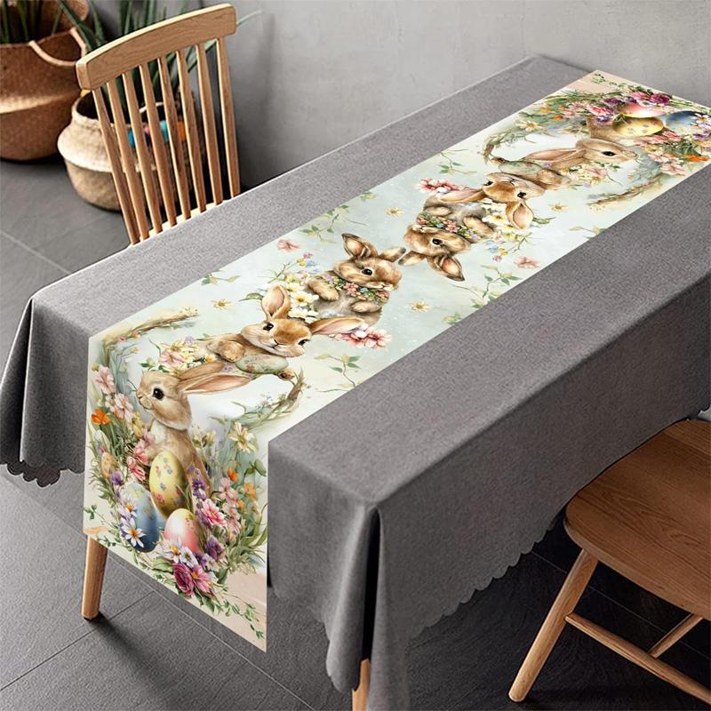 Vintage Easter Bunny Table Runner Polyester Rabbit Eggs Flower Table Flag Easter Decorations For Home Kitchen Dining Table Decor