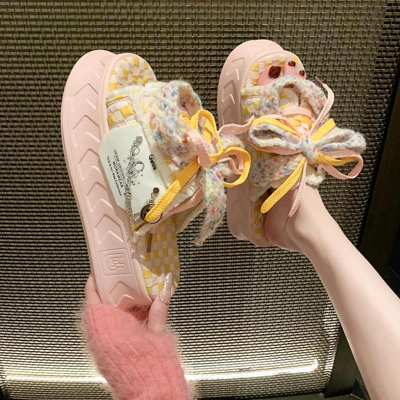 Fashion Thick Soled Canvas Half Slippers for Women's 2024 New Summer Casual Internet Red Lace Up Fashionable Sandals