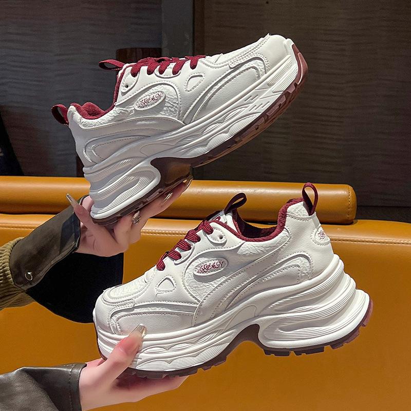 

Dad Shoes Girl 2025 Autumn and Winter New Fleece Leather Sneakers Fashion Versatile Breathable Casual Platform Shoes 40 бордовый