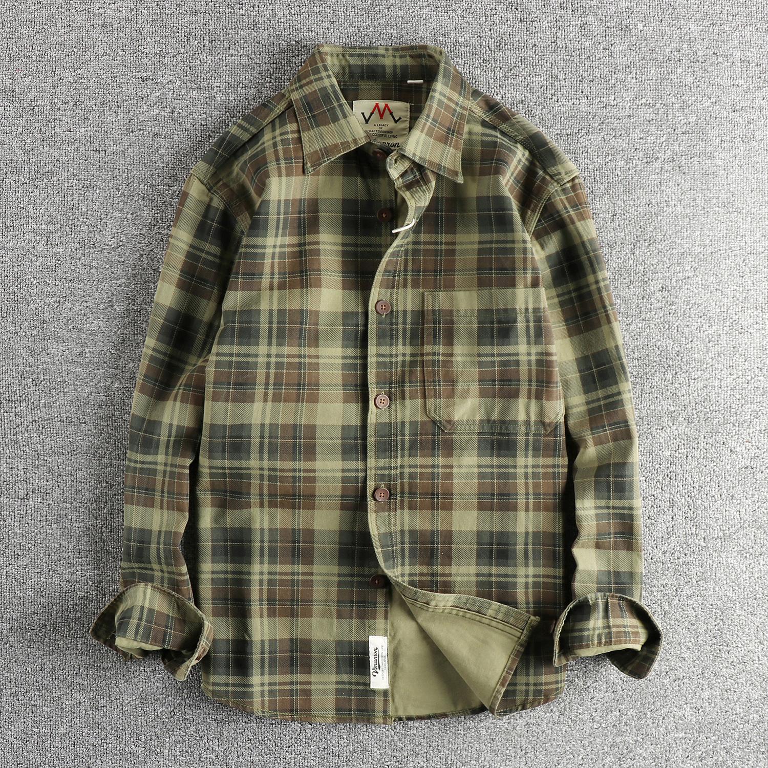 

2026 Autumn New American Retro Men s Woven Twill Long-sleeve Lapel Plaid Shirt 100% Cotton Simple Fashion Washed Casual Blouses XXXL