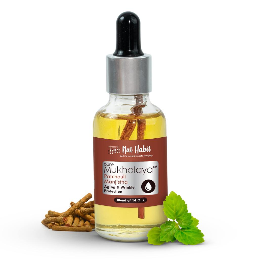 Nat Habit Patchouli Manjistha Mukhalaya, Gesichtsöl für Frauen, Schutz vor Hautalterung und Falten mit einer Mischung aus 14 kaltgepressten Ölen, 15 ml