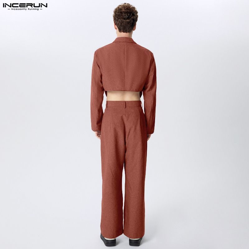 INCERUN 2PCS Men Long Sleeve Irregular Cropped Blazer and Long Pants Casual Loose Sets