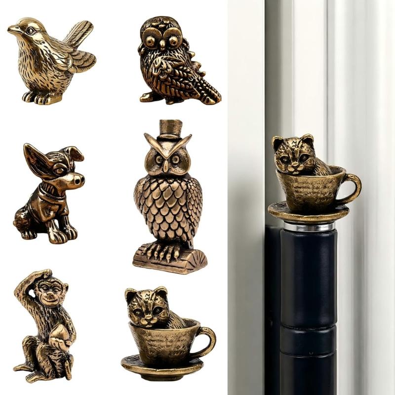 Pack of 6 Brasses Animal Hinge Toppers Decorations Handcrafted Miniature Sculptures Door Hinge Head for Home Bookshelf Display