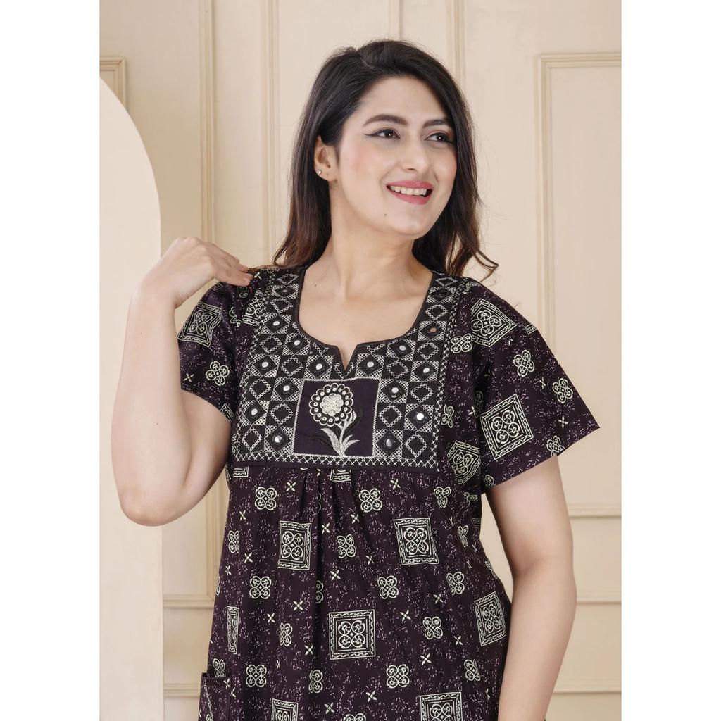 Designer Cotton Embroidery Nighty Indian Women Sleepwear Nightwear Gown Dress