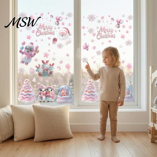 Santa Claus Window Decor 9Pcs Pink Christmas Static Clings, Snowman Bunny Penguin Glass Party Decorations Decals, Reusable Xmas Stickers, Holiday for