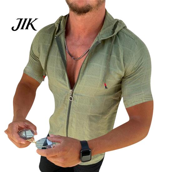 Stylish Zip-up Men Top Men s Hooded T-Shirt Short-Sleeved Checked Tee Shirt Casual Short-sleeve Plaid for Thin Summer Sports Leisure Outdoor 2XL