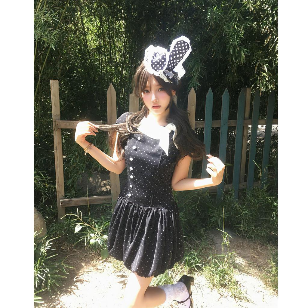 Thousand Gold Wind Bow Polka Dot Dress Women's Summer Retro Small Man Waist and Thin Temperament Fluffy Short Skirt