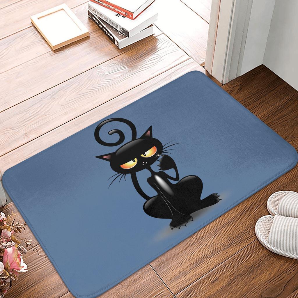 Smiling Black Cat Doormat Non-Slip Entrance Kitchen Bathroom Door Floor Mat Living Room Carpet Rug