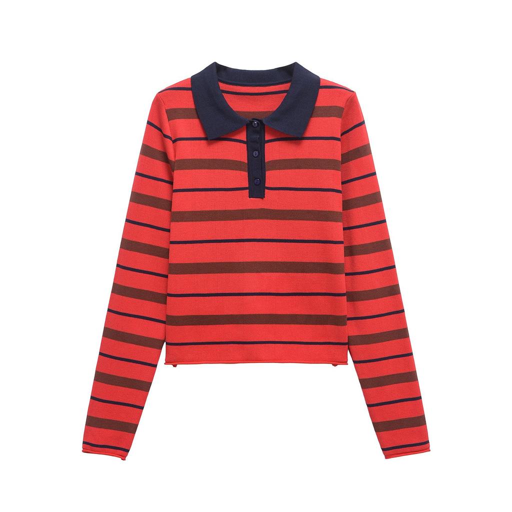 Spring 2025 Women's European & American Style Striped Polo Collar Long Sleeve Knitted Top