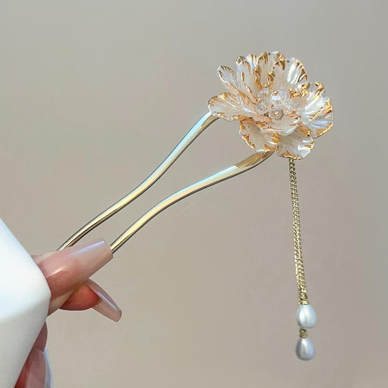 

Exquisite Crystal Flower Hair Stick Pin Luxury Tassel U-shaped Hair Clip Hair Pin For Women Hair Accessories French Headdress белый