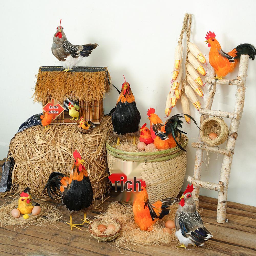 Porcelain Hen and Rooster Feather Ornament for Display and Photography Prop