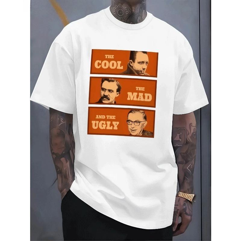 T-shirt Divertente Parodia Esclusiva per Fan di Filosofia da Uomo, Stile Letterario Retrò Europeo e Americano Stampa Camus Nietzsche Sartre Manica Corta