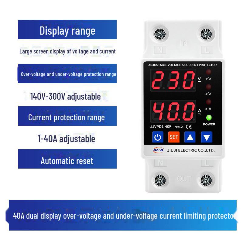 Adjustable Intelligent Dual Display Self-Resetting Voltage/Current Limiter Switch (40A/63A/80A)