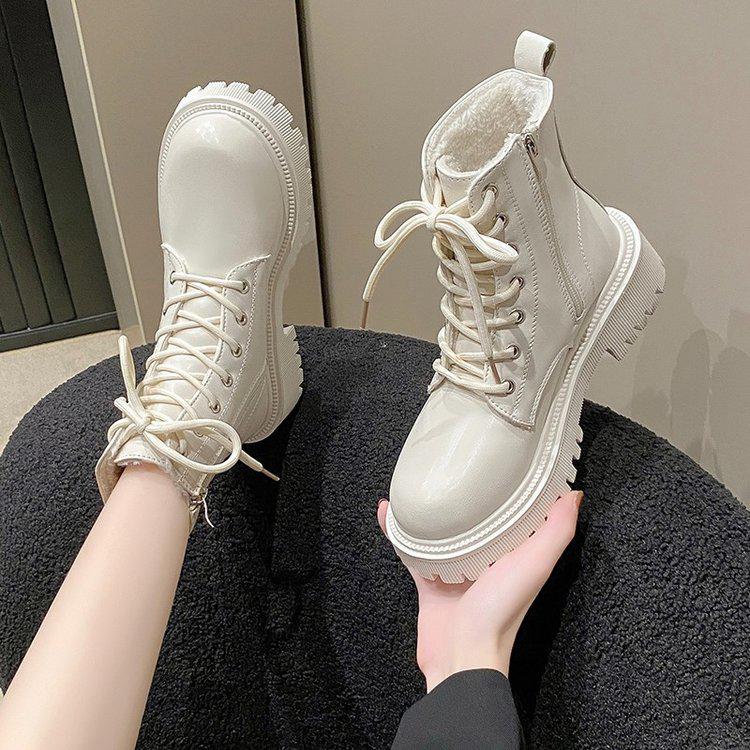 

Жіночі ретро білі черевики Мартін - Товста підошва, Плюс оксамит, Мотоциклетні черевики в британському стилі на осінь/зиму 37