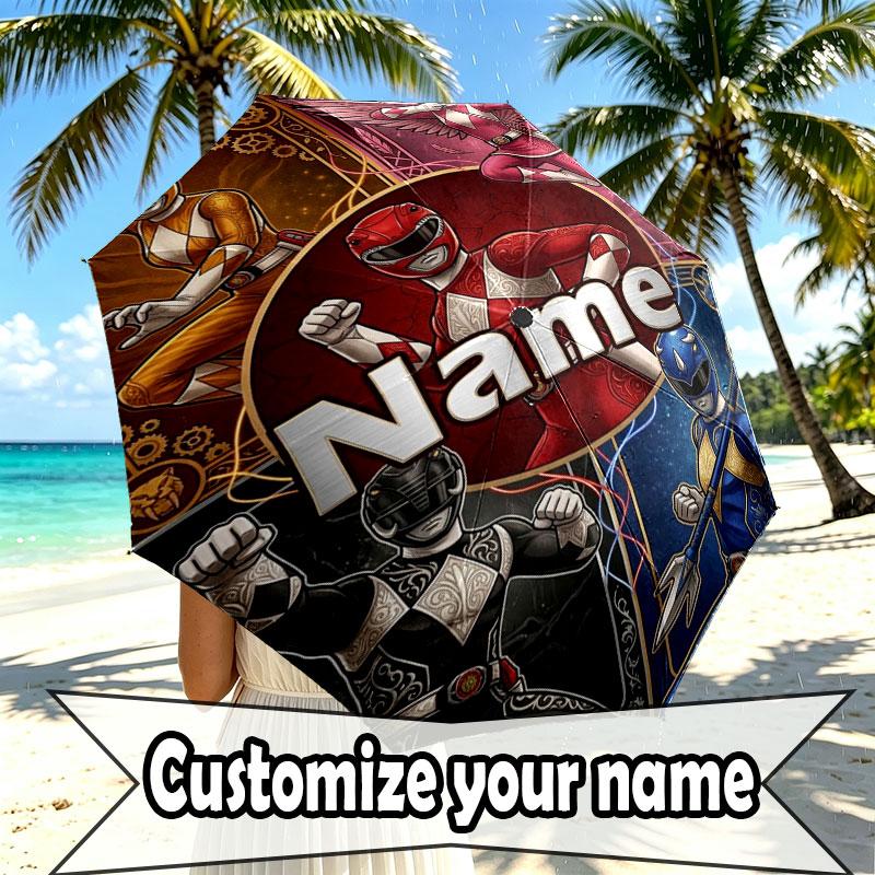 Custom Name Personalized Power Rangers Print Umbrella, Auto Open Close, 8‑Rib Sturdy Frame, Commute Camping Hiking Use, Birthday Gift