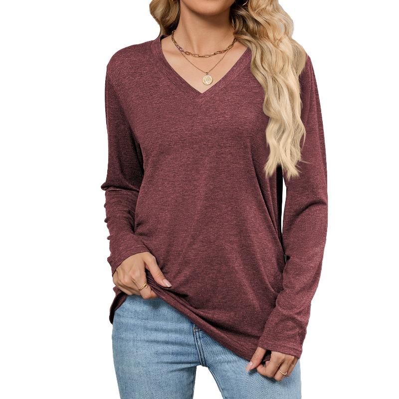 Autumn New Casual Pullover V-neck Solid Color Loose Long-sleeved T-shirt Top