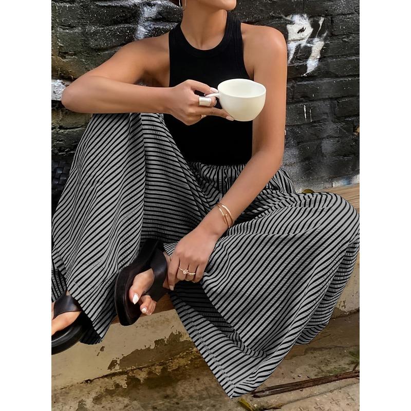 women s Striped Elastic Waist Loose Wide Leg Long Pants Casual Trousers S