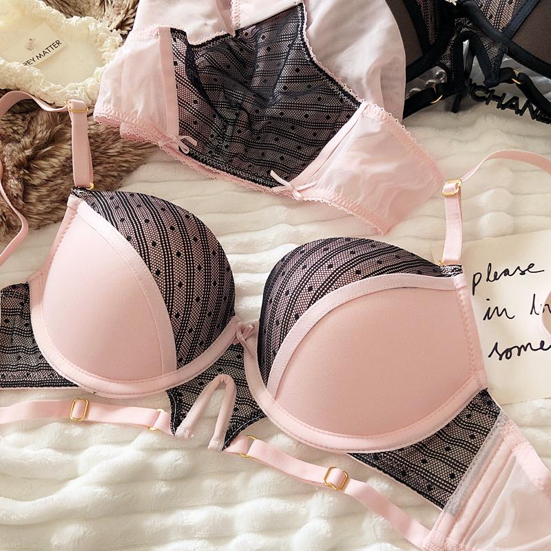 Sexy Hollow Underwear Set for Women 3/4 Cup Push Up Bra Lace Splicing Color Brassiere and Panties Ladies Intimates Lingerie