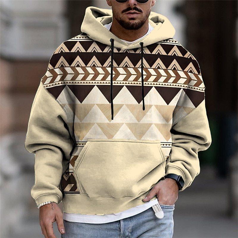 Plus Size FUGUIS Simple Geometric Grid Men's Casual Warm and Comfortable Hooded Sweatshirt XL ongeglazuurd porselein