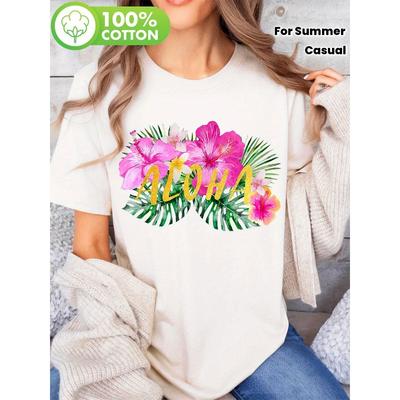 Aloha Hibiskusblumen Print T-Shirt, Kurzarm Rundhals Lässiges Oberteil für Sommer & Frühling, Damenbekleidung
