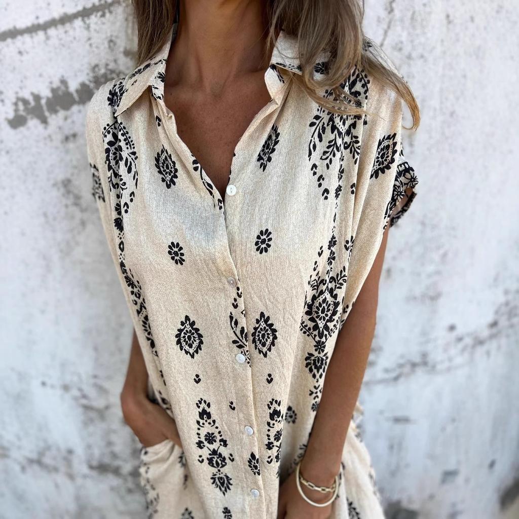 Amazon 2026 new European and American summer loose casual short-sleeved cotton and linen shirt pocket print dress women