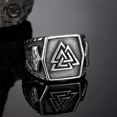 Men's Odin's Symbols Valknut Rings Antique Steel Norse Runes Thors Hammer Mjolnir Male Amulet Ring Scandinavian Vikings Jewelry