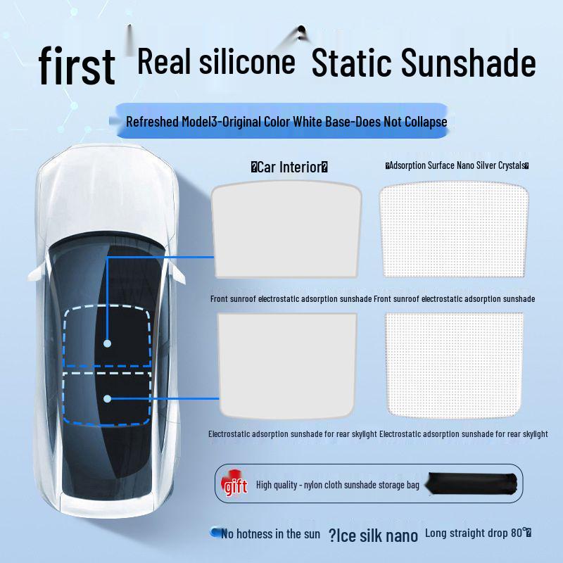 Tesla Model Y/3 Sunroof Heat Insulation Sunshade - Silicone, Electrostatic Adsorption